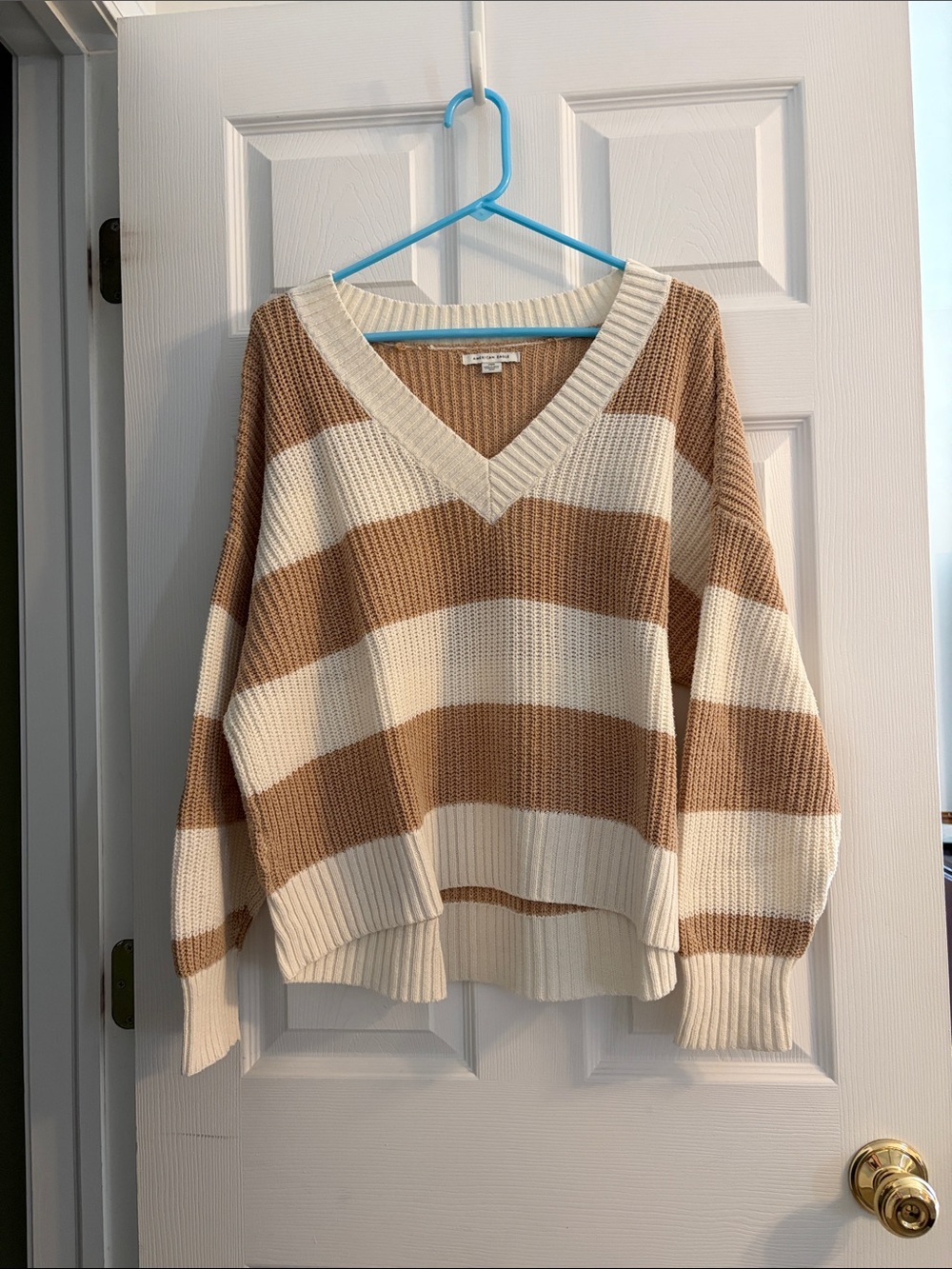 American Eagle Outfitters Striped V-Neck Sweater in Cream and Brown